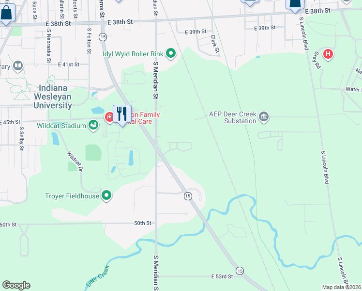 map of restaurants, bars, coffee shops, grocery stores, and more near 717 East Hunters Run Drive in Marion