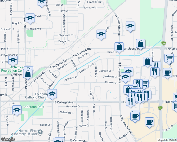 map of restaurants, bars, coffee shops, grocery stores, and more near 1315 Courtland Avenue in Normal