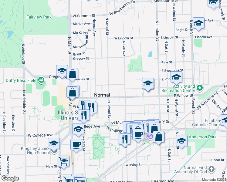map of restaurants, bars, coffee shops, grocery stores, and more near 404 1/2 North School Street in Normal