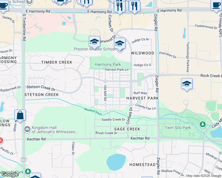 map of restaurants, bars, coffee shops, grocery stores, and more near 2721 Autumn Harvest Way in Fort Collins