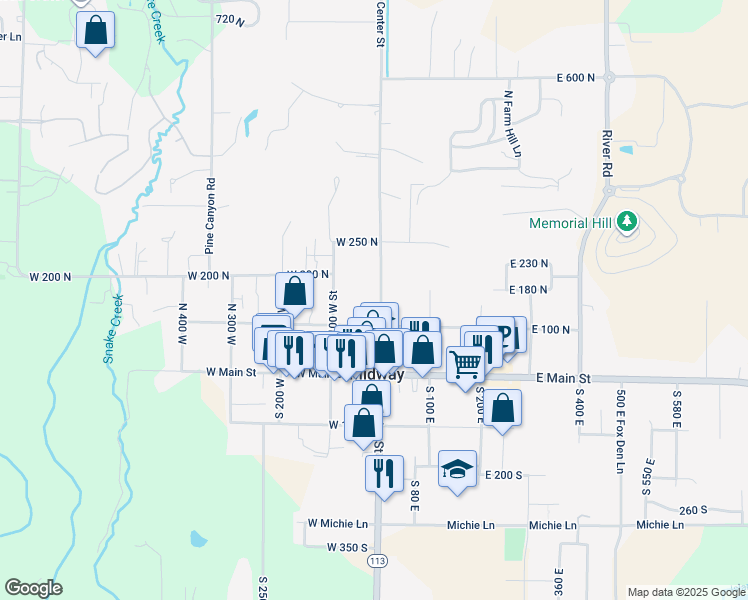 map of restaurants, bars, coffee shops, grocery stores, and more near 125 N Center St in Midway