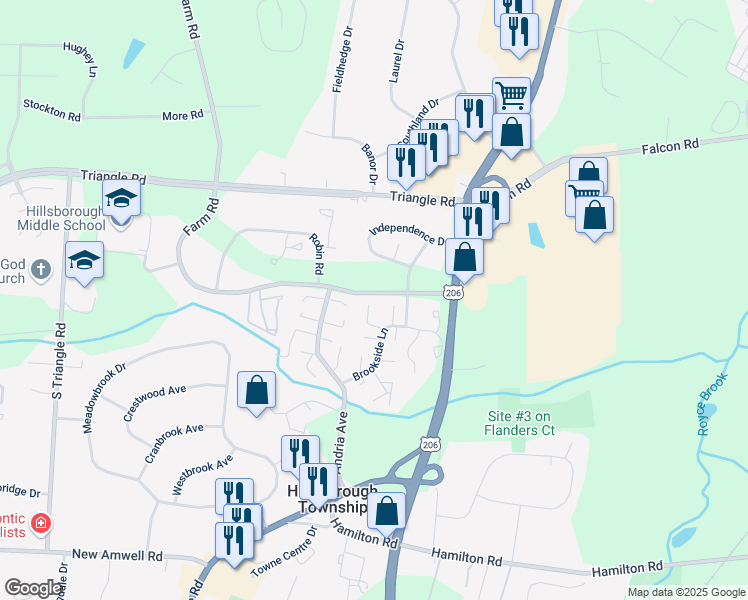 map of restaurants, bars, coffee shops, grocery stores, and more near 430 East Brookside Lane in Somerset County