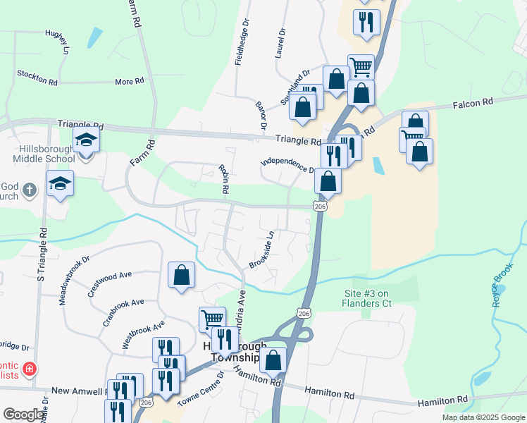 map of restaurants, bars, coffee shops, grocery stores, and more near 430 East Brookside Lane in Somerset County