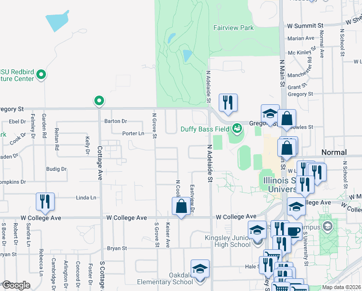map of restaurants, bars, coffee shops, grocery stores, and more near 20 Knollcrest Court in Normal