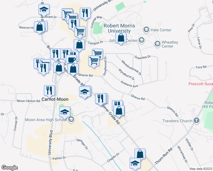 map of restaurants, bars, coffee shops, grocery stores, and more near 408 Sharon Road in Carnot-Moon