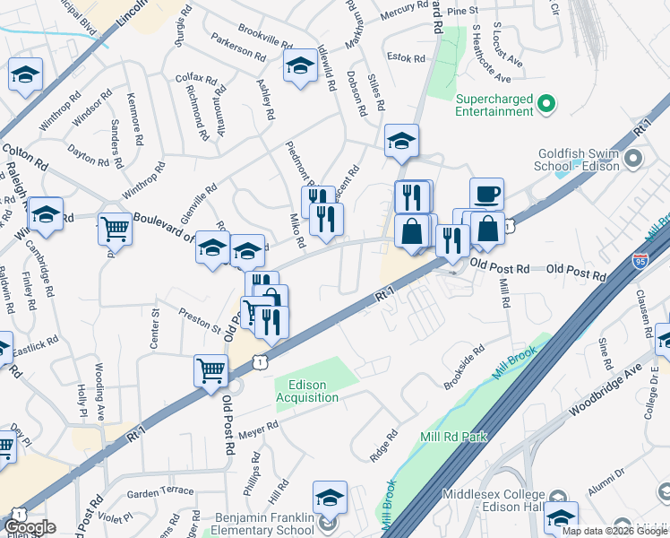 map of restaurants, bars, coffee shops, grocery stores, and more near 36 Waverly Drive West in Edison