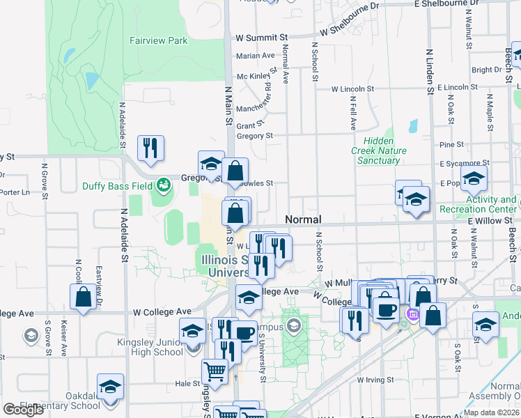 map of restaurants, bars, coffee shops, grocery stores, and more near 11 North University Street in Normal