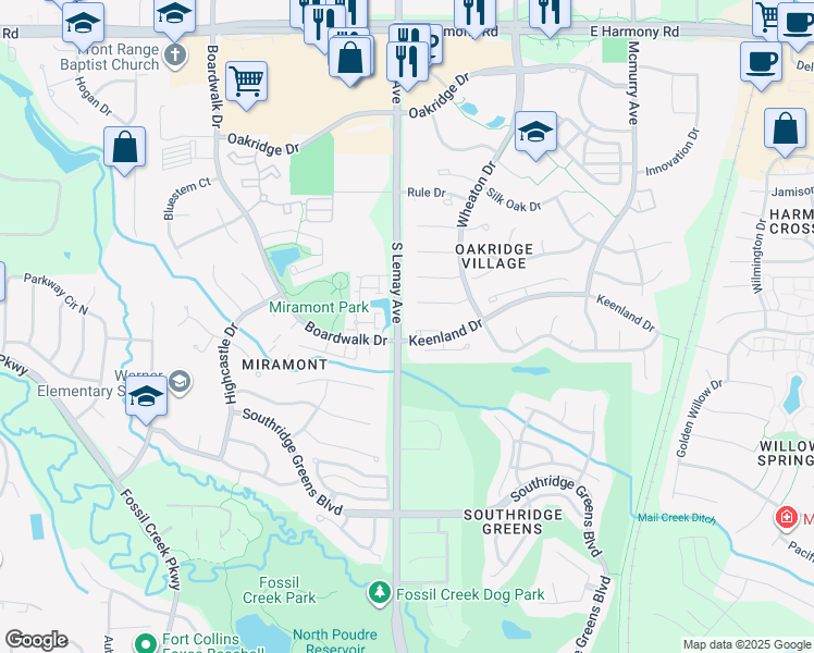 map of restaurants, bars, coffee shops, grocery stores, and more near 1112 Spanish Oak Court in Fort Collins