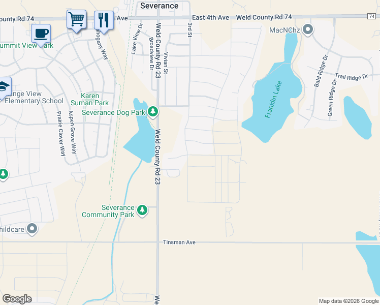 map of restaurants, bars, coffee shops, grocery stores, and more near 506 2nd Street in Severance