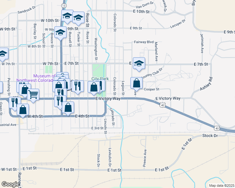 map of restaurants, bars, coffee shops, grocery stores, and more near 543 Colorado Street in Craig