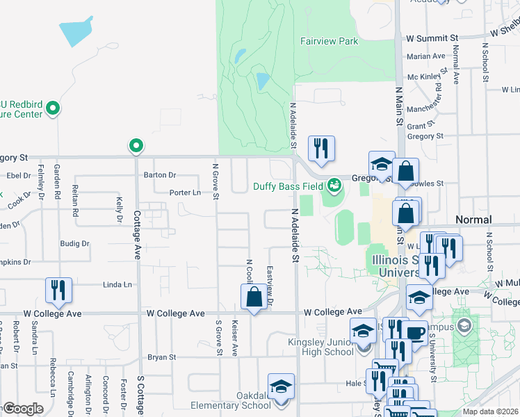 map of restaurants, bars, coffee shops, grocery stores, and more near 20 Knollcrest Court in Normal