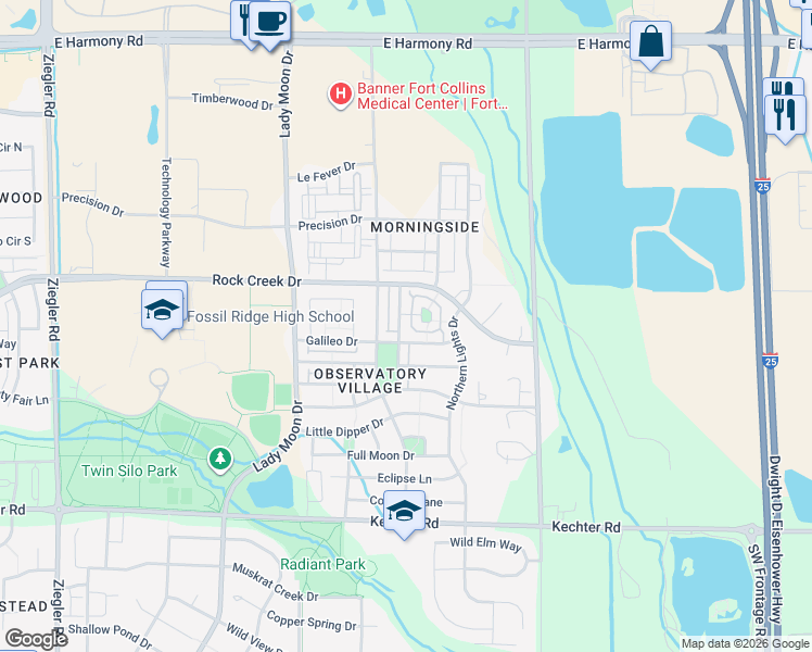 map of restaurants, bars, coffee shops, grocery stores, and more near 3803 Sky Gazer Lane in Fort Collins