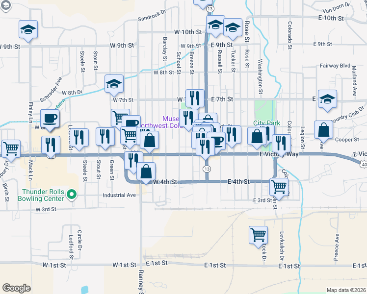 map of restaurants, bars, coffee shops, grocery stores, and more near 500-598 School St in Craig