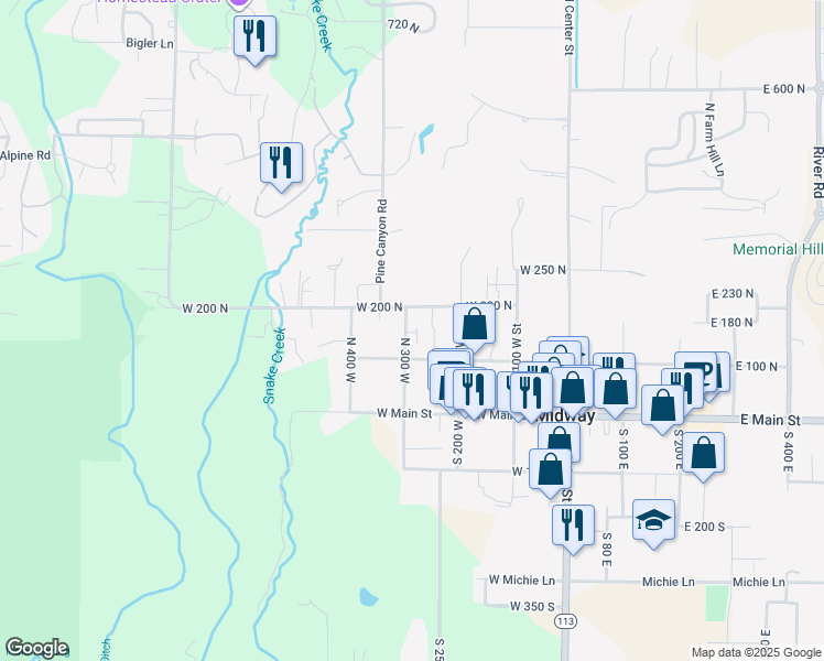 map of restaurants, bars, coffee shops, grocery stores, and more near 192 North 300 West in Midway