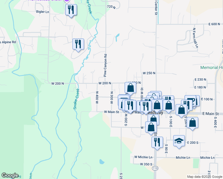 map of restaurants, bars, coffee shops, grocery stores, and more near 192 North 300 West in Midway