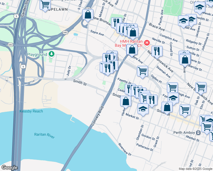 map of restaurants, bars, coffee shops, grocery stores, and more near 588 Morris Street in Perth Amboy