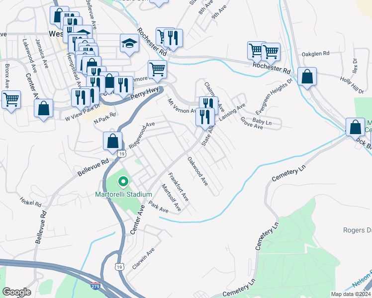 map of restaurants, bars, coffee shops, grocery stores, and more near 305 Center Avenue in West View