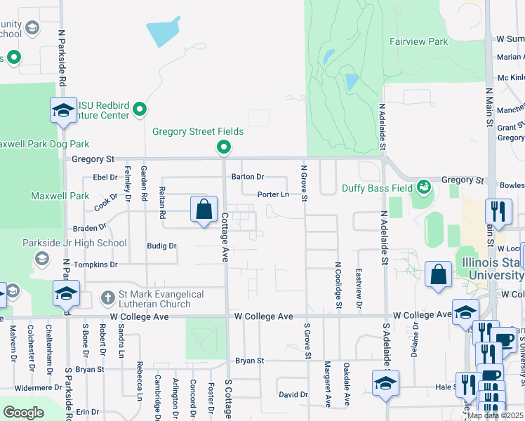 map of restaurants, bars, coffee shops, grocery stores, and more near 1011 Porter Lane in Normal