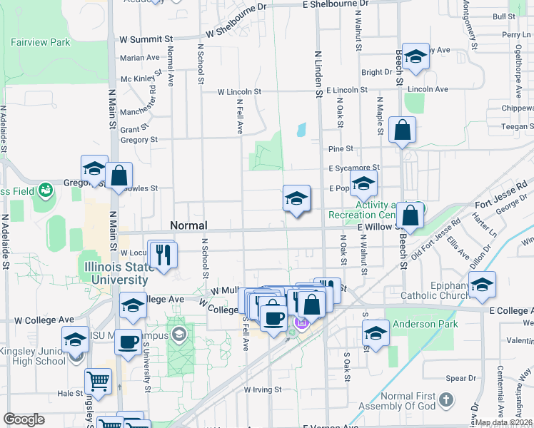 map of restaurants, bars, coffee shops, grocery stores, and more near 107 West Cypress Street in Normal