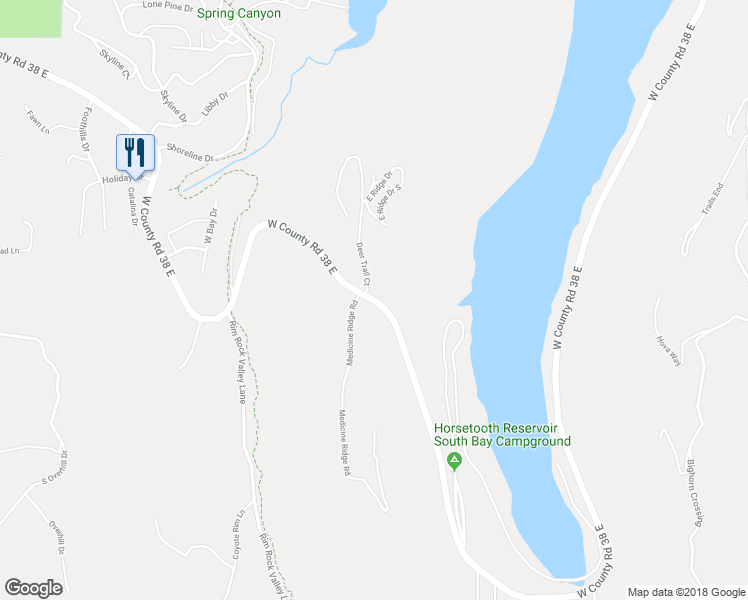 map of restaurants, bars, coffee shops, grocery stores, and more near 4599 West County Road 38 East in Fort Collins