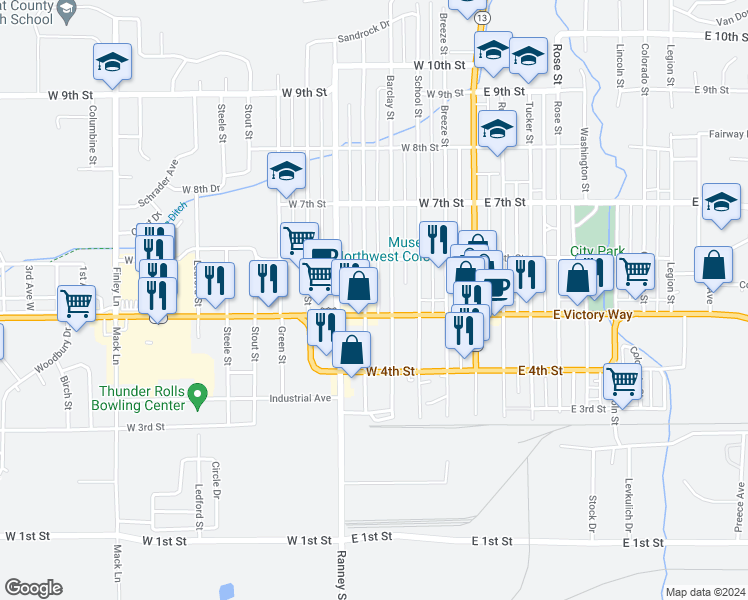 map of restaurants, bars, coffee shops, grocery stores, and more near 527 Taylor Street in Craig