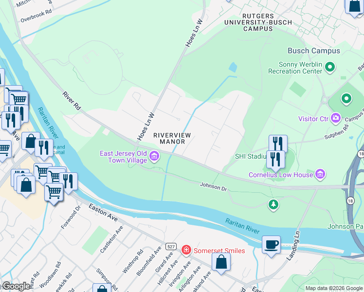 map of restaurants, bars, coffee shops, grocery stores, and more near 8 Kroeger Lane in Piscataway