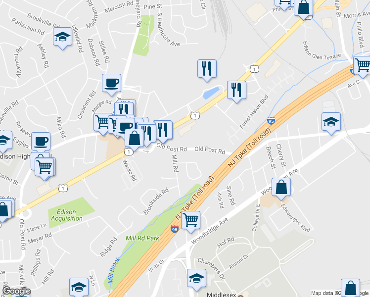 map of restaurants, bars, coffee shops, grocery stores, and more near 576 Old Post Road in Edison