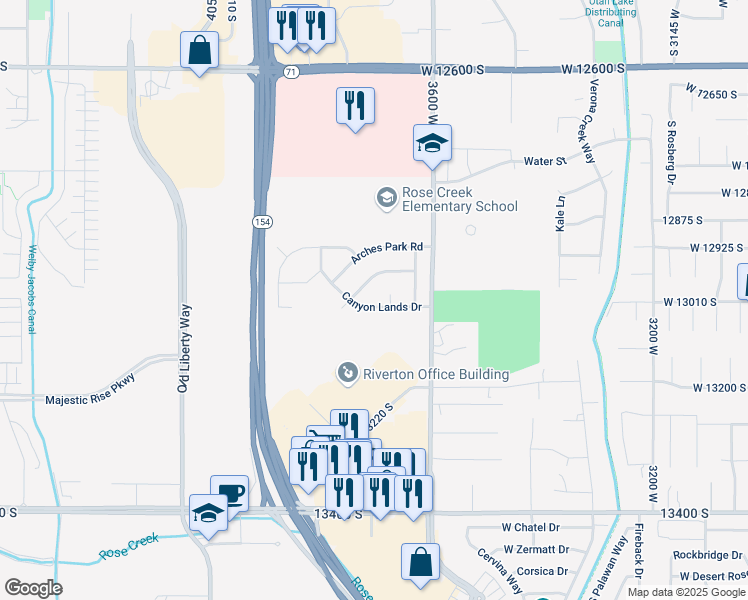map of restaurants, bars, coffee shops, grocery stores, and more near 3104 Canyon Lands Drive in Riverton