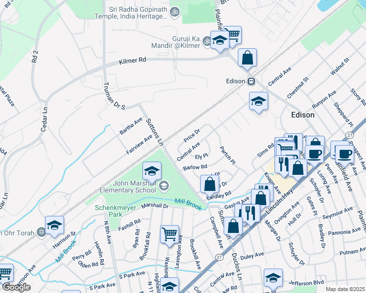 map of restaurants, bars, coffee shops, grocery stores, and more near 16 Price Drive in Edison