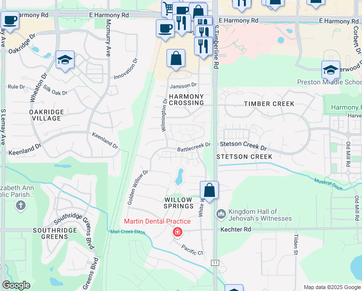 map of restaurants, bars, coffee shops, grocery stores, and more near 13 Battlecreek Drive in Fort Collins