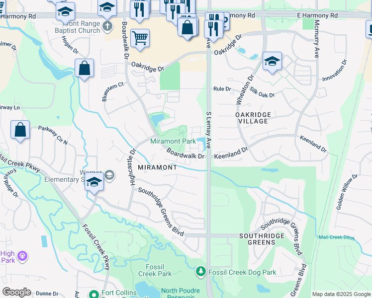 map of restaurants, bars, coffee shops, grocery stores, and more near East Boardwalk Drive in Fort Collins