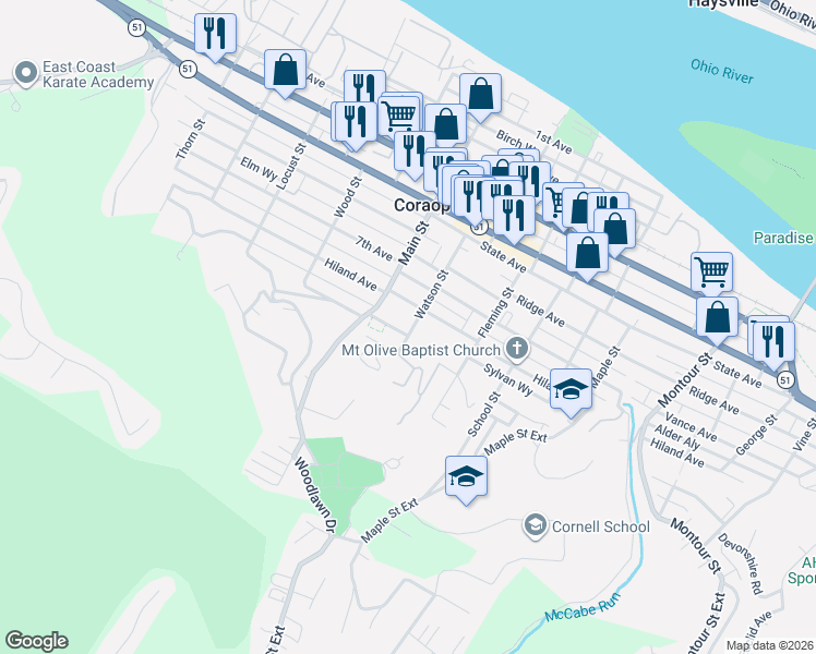 map of restaurants, bars, coffee shops, grocery stores, and more near 910 Watson Street in Coraopolis