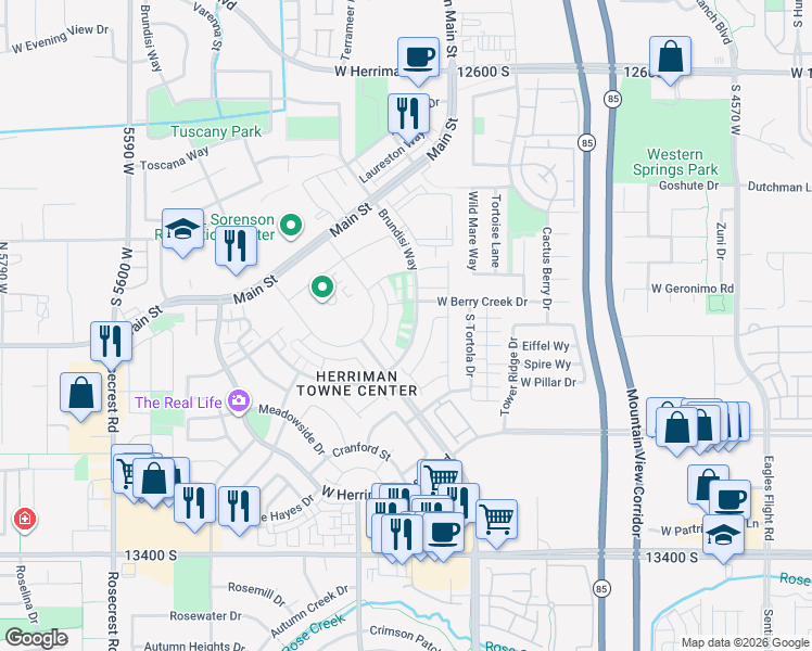 map of restaurants, bars, coffee shops, grocery stores, and more near 5109 West Tyce Lane in Herriman