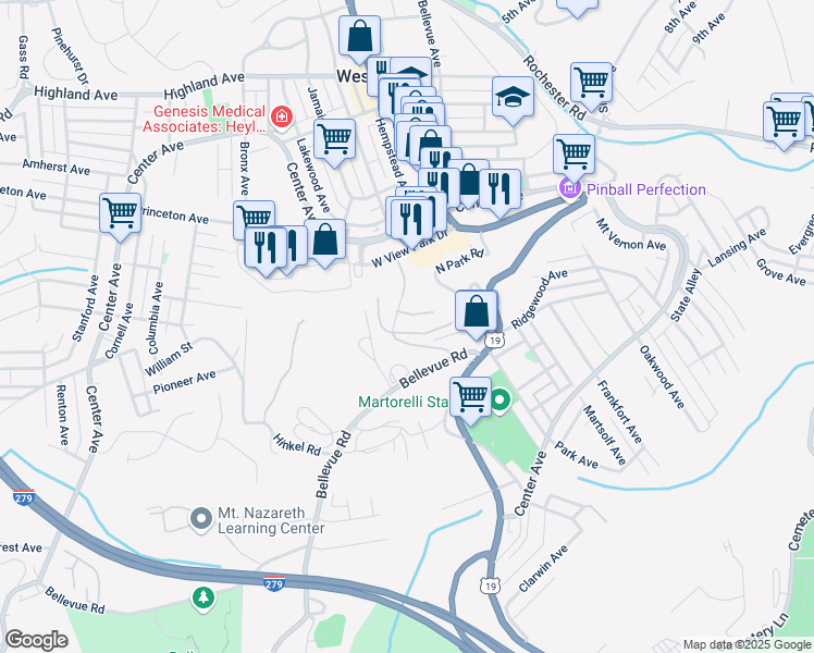 map of restaurants, bars, coffee shops, grocery stores, and more near 1006 Park Plaza Drive in Pittsburgh