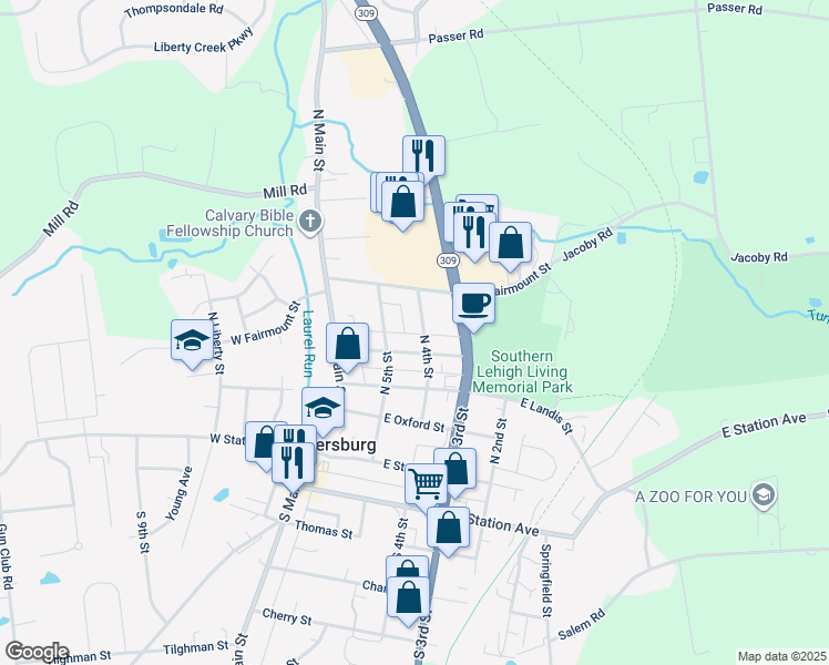 map of restaurants, bars, coffee shops, grocery stores, and more near 328 North 4th Street in Coopersburg