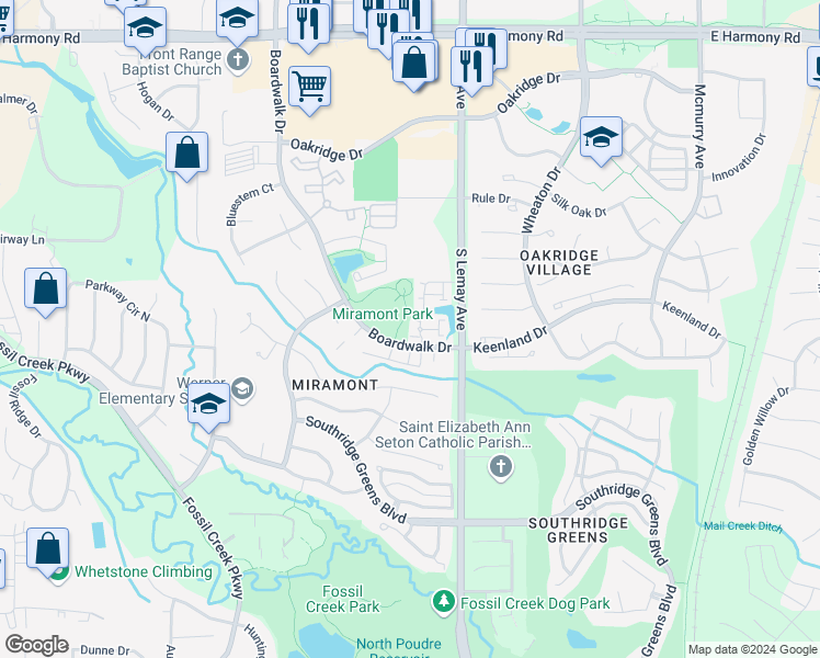 map of restaurants, bars, coffee shops, grocery stores, and more near East Boardwalk Drive in Fort Collins