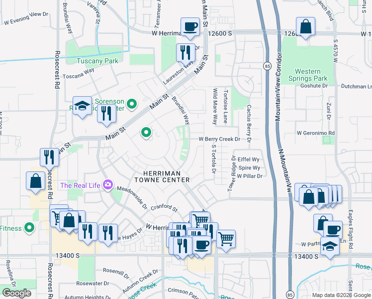 map of restaurants, bars, coffee shops, grocery stores, and more near 13011 Summerdale Drive in Herriman