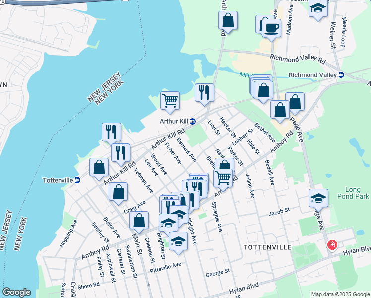map of restaurants, bars, coffee shops, grocery stores, and more near 145 Barnard Avenue in Staten Island