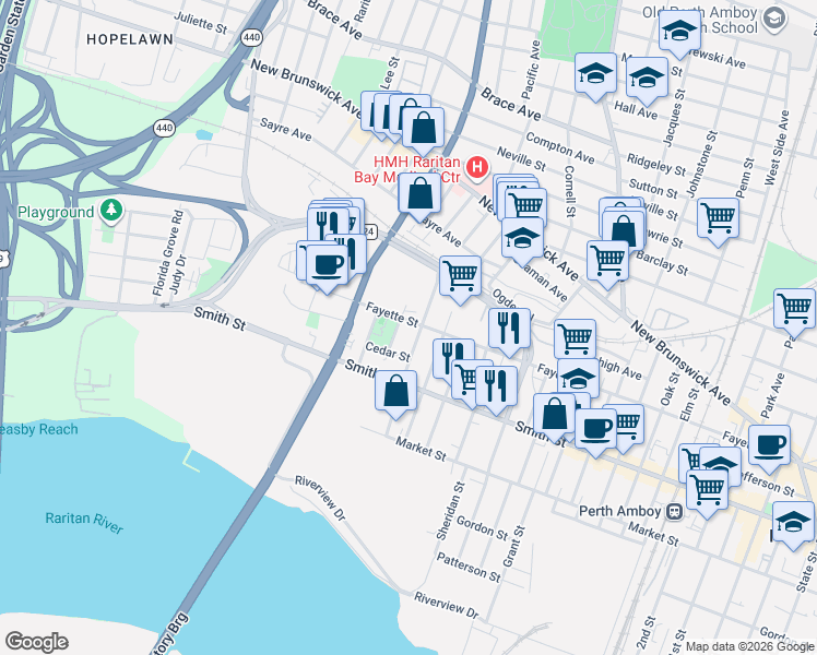 map of restaurants, bars, coffee shops, grocery stores, and more near 348 Reade Street in Perth Amboy