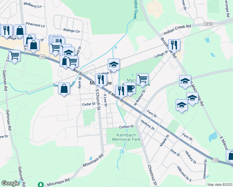 map of restaurants, bars, coffee shops, grocery stores, and more near 129 East Main Street in Macungie