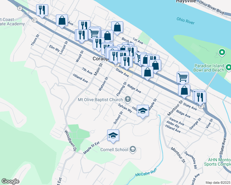 map of restaurants, bars, coffee shops, grocery stores, and more near 712 Fleming Street in Coraopolis