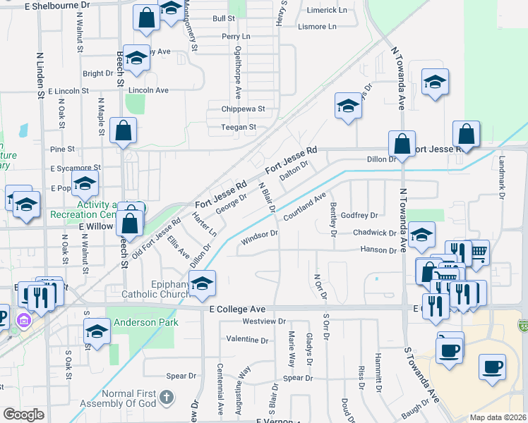 map of restaurants, bars, coffee shops, grocery stores, and more near 1214 Brentwood Court in Normal