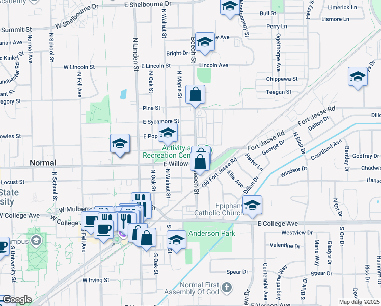 map of restaurants, bars, coffee shops, grocery stores, and more near 508 North Maple Street in Normal