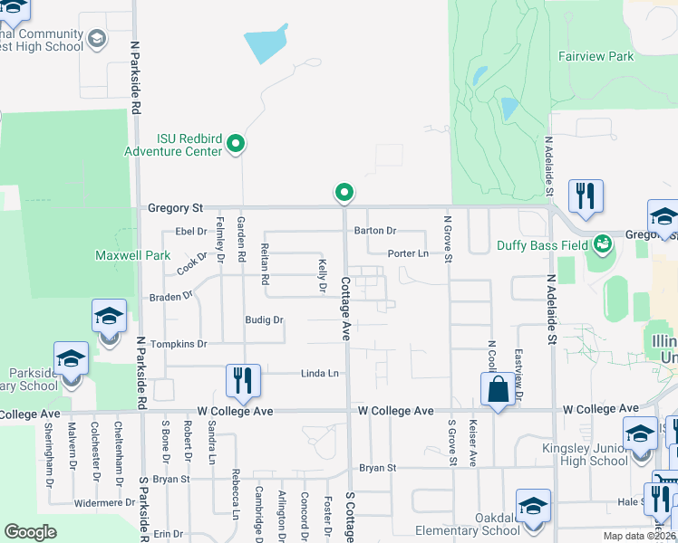 map of restaurants, bars, coffee shops, grocery stores, and more near 309 Cottage Avenue in Normal