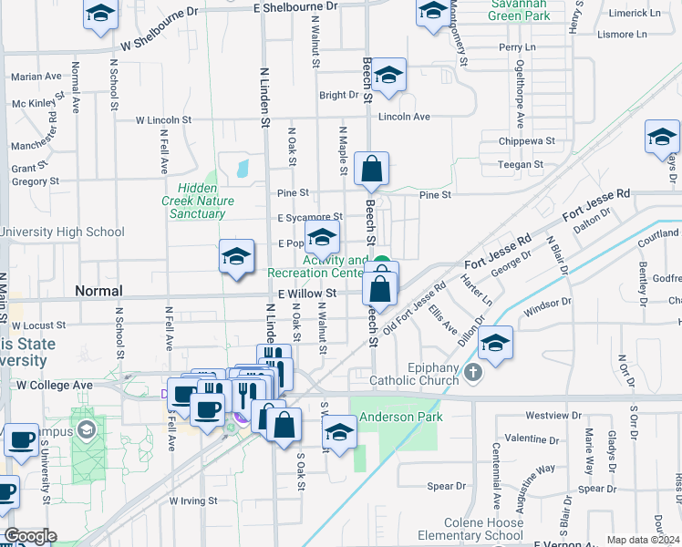 map of restaurants, bars, coffee shops, grocery stores, and more near 407 East Cypress Street in Normal