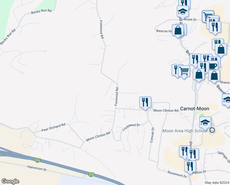 map of restaurants, bars, coffee shops, grocery stores, and more near 124 Foxwood Road in Coraopolis