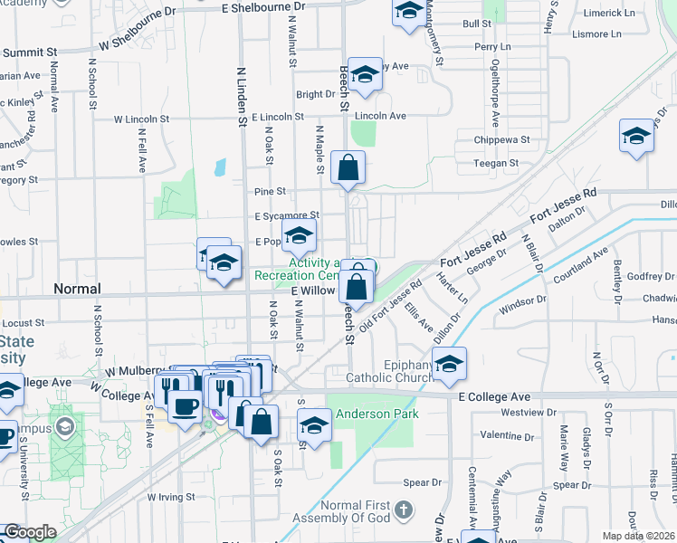 map of restaurants, bars, coffee shops, grocery stores, and more near 505 East Cypress Street in Normal