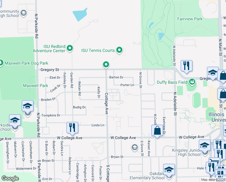 map of restaurants, bars, coffee shops, grocery stores, and more near 1508 Hancock Drive in Normal