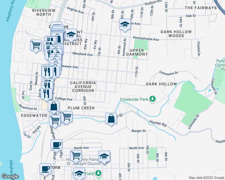 map of restaurants, bars, coffee shops, grocery stores, and more near 821 California Ave in Oakmont
