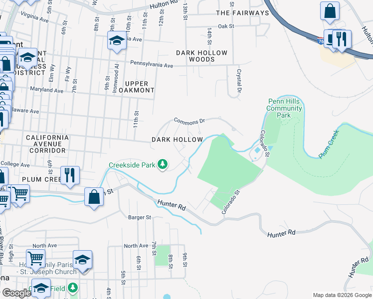 map of restaurants, bars, coffee shops, grocery stores, and more near 304 Canterbury Court in Oakmont